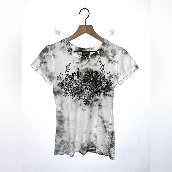 HARLEY DAVIDSON Tie Dye Angel Cherubs Glitter Graphic Fitted Shirt Size Small - Picture 1 of 5